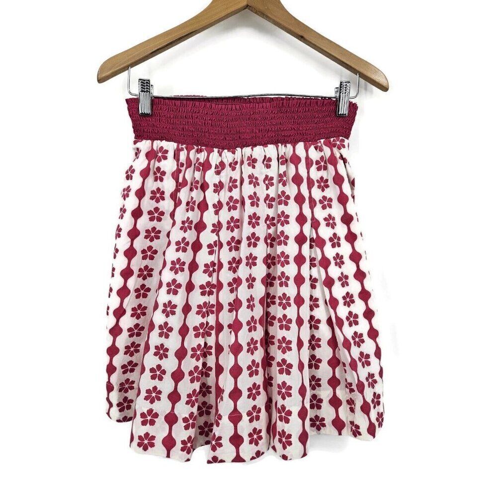 New Buru X Bisby Smocked Mini Skirt Womens M Raspberry Floral Cotton